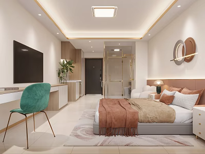 Modern Hotel Room Interior With Bed Green Accent Chair Wall TV And Decorative Wall Art 3d model