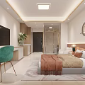 Modern Hotel Room Interior With Bed Green Accent Chair Wall TV And Decorative Wall Art