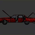 Red Cartoon Car With Open Hood And Doors On Reflective Surface