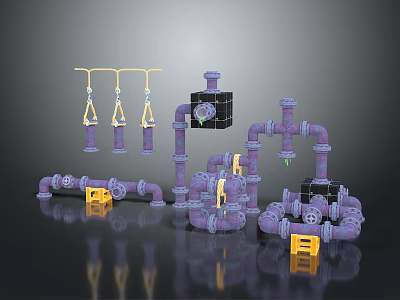 Purple And Yellow Plumbing Hardware Tools With Pipes Valves And Fittings 3D Model 3d model