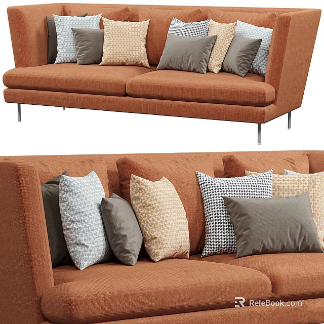 Stylish Orange Sofa With Multiple Patterned And Solid Color Decorative Pillows 3d model