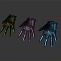 Three Different Colored Metallic Gloves in Brown Silver and Blue with Reflective Dark Background