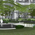 Residential Landscape With Green Trees Water Feature White Railings And Lush Lawn Near Building