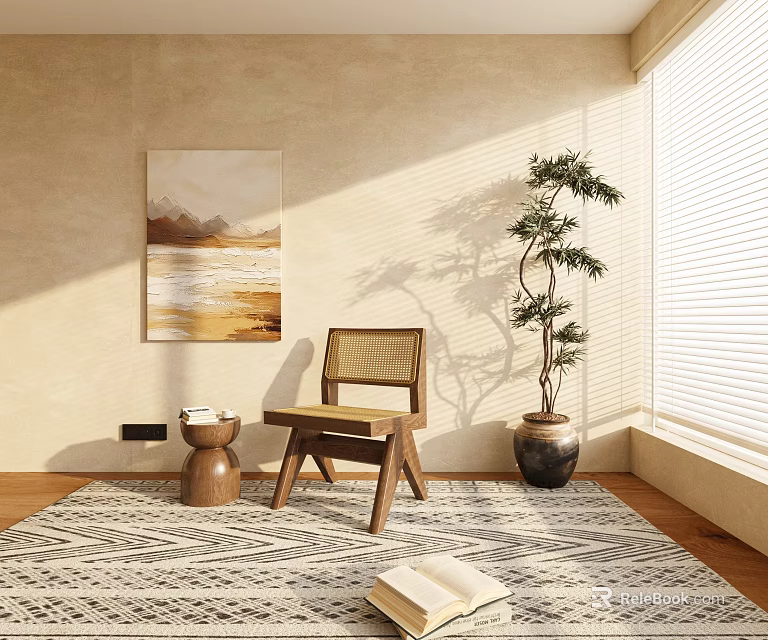 Single Chair In Cozy Space With Beige Wall Decorative Painting Geometric Rug And Window Plant 3d model 