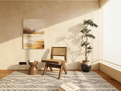 Single Chair In Cozy Space With Beige Wall Decorative Painting Geometric Rug And Window Plant 3d model
