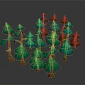 Colorful Cartoon Style Trees With Green Red Blue Canopies And Orange Trunks In Forest Scene