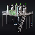 Industrial Equipment With Multiple Stainless Steel Tanks Green Pipelines Platform Structure And Staircase Access