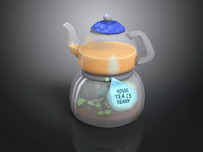 Transparent Teapot With Orange Liquid Blue Textured Lid Label Green Leaf Patterns Your Teas Leafs 3d model