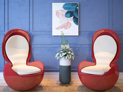 Red Shell Shaped Single Sofa With White Cushion Blue Wall And Green Leaf Painting 3d model