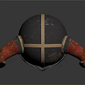 Decorative Viking Helmet With Red Horns And Intricate Metal Engraved Design