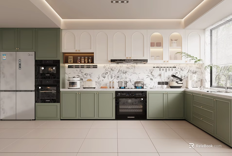 Modern Kitchen Interior With Green And White Cabinets Stainless Steel Refrigerator Oven And Patterned Backsplash 3d model 
