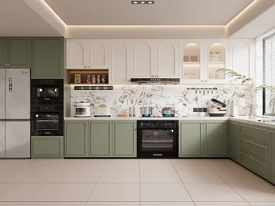 Modern Kitchen Interior With Green And White Cabinets Stainless Steel Refrigerator Oven And Patterned Backsplash 3d model