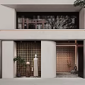 Modern Storefront Facade With Grid Pattern Entrance Area Concrete Finish Decorative Plants And Warm Lighting