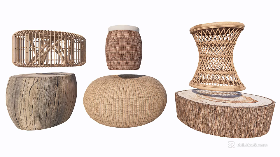Various Natural Rattan And Wooden Woven Design Decorative Stools Collection 3d model 