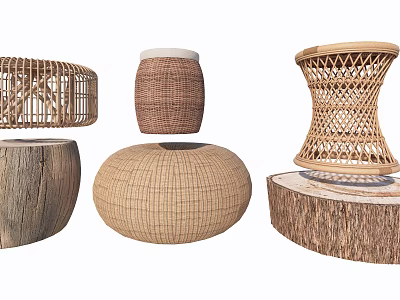 Various Natural Rattan And Wooden Woven Design Decorative Stools Collection 3d model