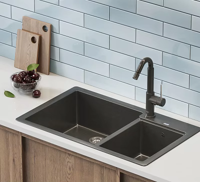 Modern Black Double Bowl Kitchen Sink With Faucet Light Blue Tile Backsplash And Wooden Cabinets 3d model