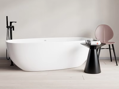 White Freestanding Bathtub With Black Faucet Pink Chair And Wooden Floor In Light Bathroom 3d model