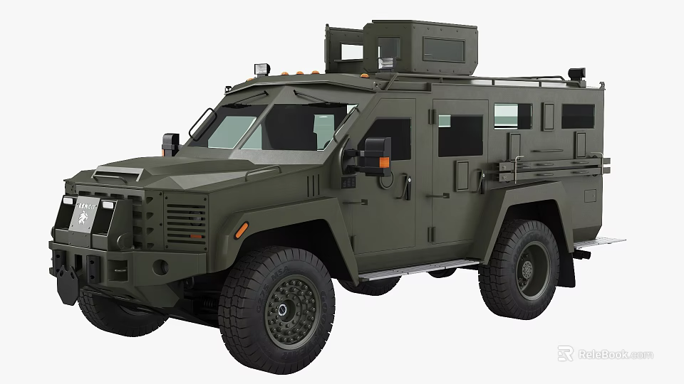Military Green Armored Utility Vehicle With Rugged Design And Roof Equipment 3d model 