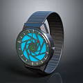 Modern Watch With Blue Glowing Dial Green Spiral Pattern And Black Strap 3d model