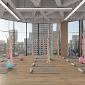 Spacious Yoga Studio With Large Windows City View Pink Blue Exercise Balls Aerial Yoga Straps