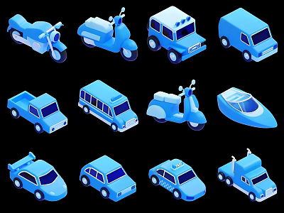 Blue Cartoon Car Icons Featuring Various Vehicles Like Trucks And Buses 3d model