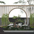 Traditional Chinese Garden Landscape With Circular Moon Gate Pine Tree Bamboo Stones And Statues