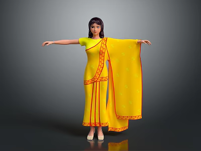 Game And Movie Character In Yellow Traditional Costume With Red Trimmed Sari And Outstretched Arms 3d model