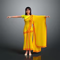 Game And Movie Character In Yellow Traditional Costume With Red Trimmed Sari And Outstretched Arms