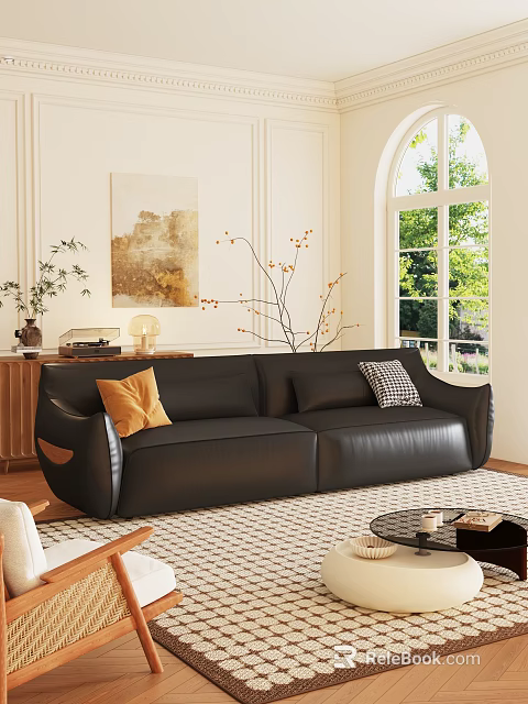 Modern Black Leather Sofa And Coffee Table Set For Cozy Stylish Living Room Decoration 3d model 