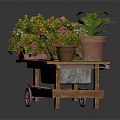 Wooden Garden Cart Loaded with Mixed Flowers Potted Plants and Green Foliage