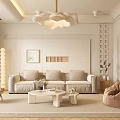 Modern Living Room Interior With Beige Sofa Bean Bag Chair Grid Wall And Large Palm Plant