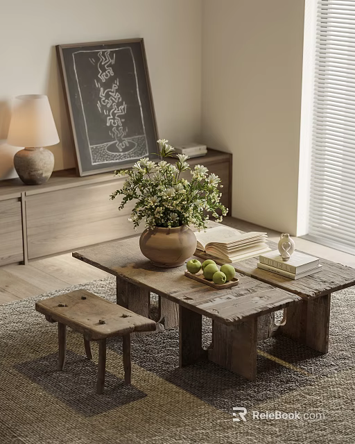 Rustic Wooden Tea Table and Stools with Vase Flowers Fruits Books in Cozy Natural Interior 3d model 