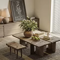 Rustic Wooden Tea Table and Stools with Vase Flowers Fruits Books in Cozy Natural Interior