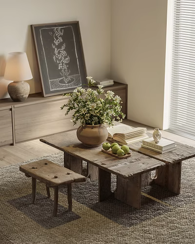 Rustic Wooden Tea Table and Stools with Vase Flowers Fruits Books in Cozy Natural Interior 3d model