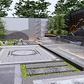 Traditional Courtyard Garden Design With Stone Pavement Circular Center Green Plants And Water Feature
