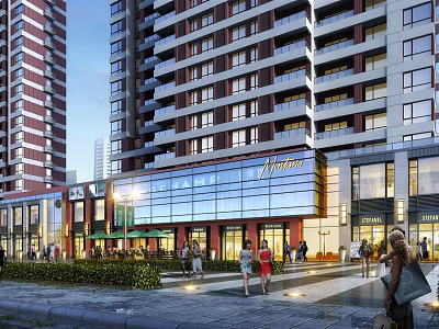 Modern Commercial Street With Holiday Inn Shops Pedestrians Tall Buildings And Greenery 3d model