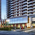 Modern Commercial Street With Holiday Inn Shops Pedestrians Tall Buildings And Greenery