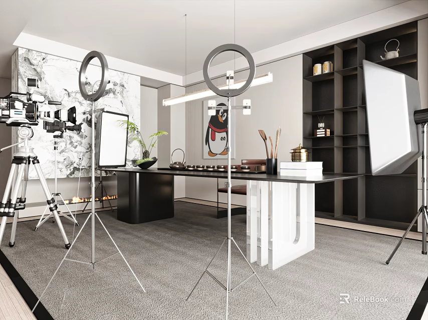 Modern Photography Studio Interior With Ring Lights Tripods Artwork And Shelves 3d model 
