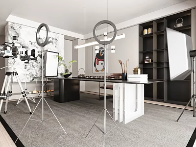 Modern Photography Studio Interior With Ring Lights Tripods Artwork And Shelves 3d model