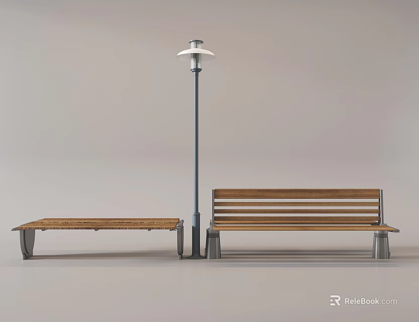 Wooden Outdoor Bench With Metal Frame And Street Lamp In Park Setting 3d model 