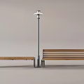 Wooden Outdoor Bench With Metal Frame And Street Lamp In Park Setting