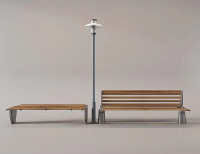 Wooden Outdoor Bench With Metal Frame And Street Lamp In Park Setting 3d model