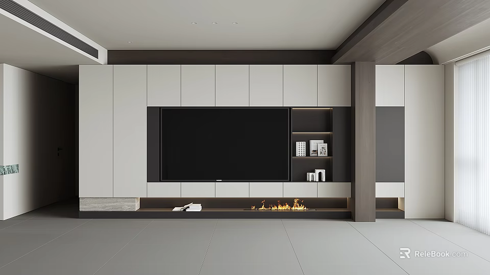 Modern TV Wall Design With Large Screen Storage Cabinets Shelves And Decorative Flame 3d model 