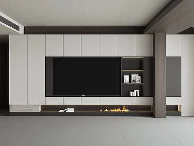 Modern TV Wall Design With Large Screen Storage Cabinets Shelves And Decorative Flame 3d model