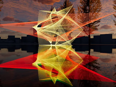 Abstract Sculpture with Light Shadow Reflections on Water and Sunset Sky Background Trees 3d model