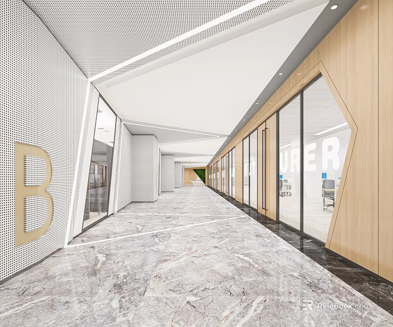 Modern Office Hallway Interior Design With Glass Doors And Wooden Walls 3d model 