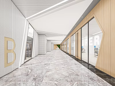 Modern Office Hallway Interior Design With Glass Doors And Wooden Walls 3d model