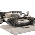 Modern Double Bed With Black Leather Headboard Pillows Blanket Nightstands Table Lamp And Rug