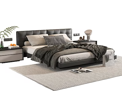Modern Double Bed With Black Leather Headboard Pillows Blanket Nightstands Table Lamp And Rug 3d model