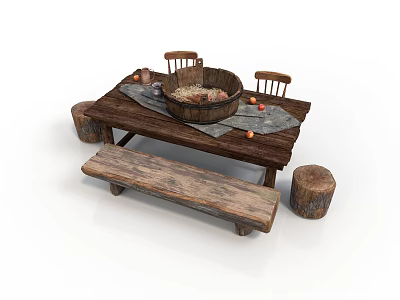 Rustic Wooden Dining Table With Bench Chairs Stump Stools Tablecloth Bowl And Fruits 3d model